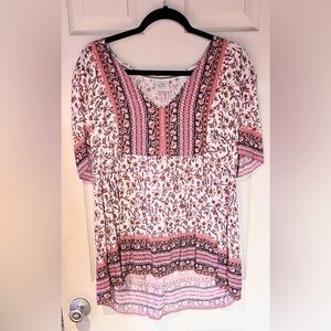 Knox Rose Pink and White Floral Boho Peasant Blouse